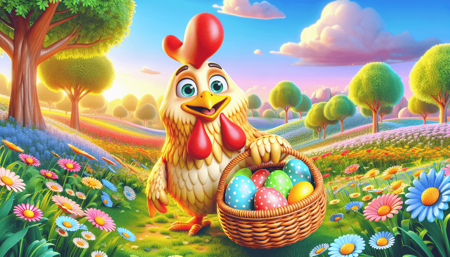 Chicken delivering eggs in a vibrant world